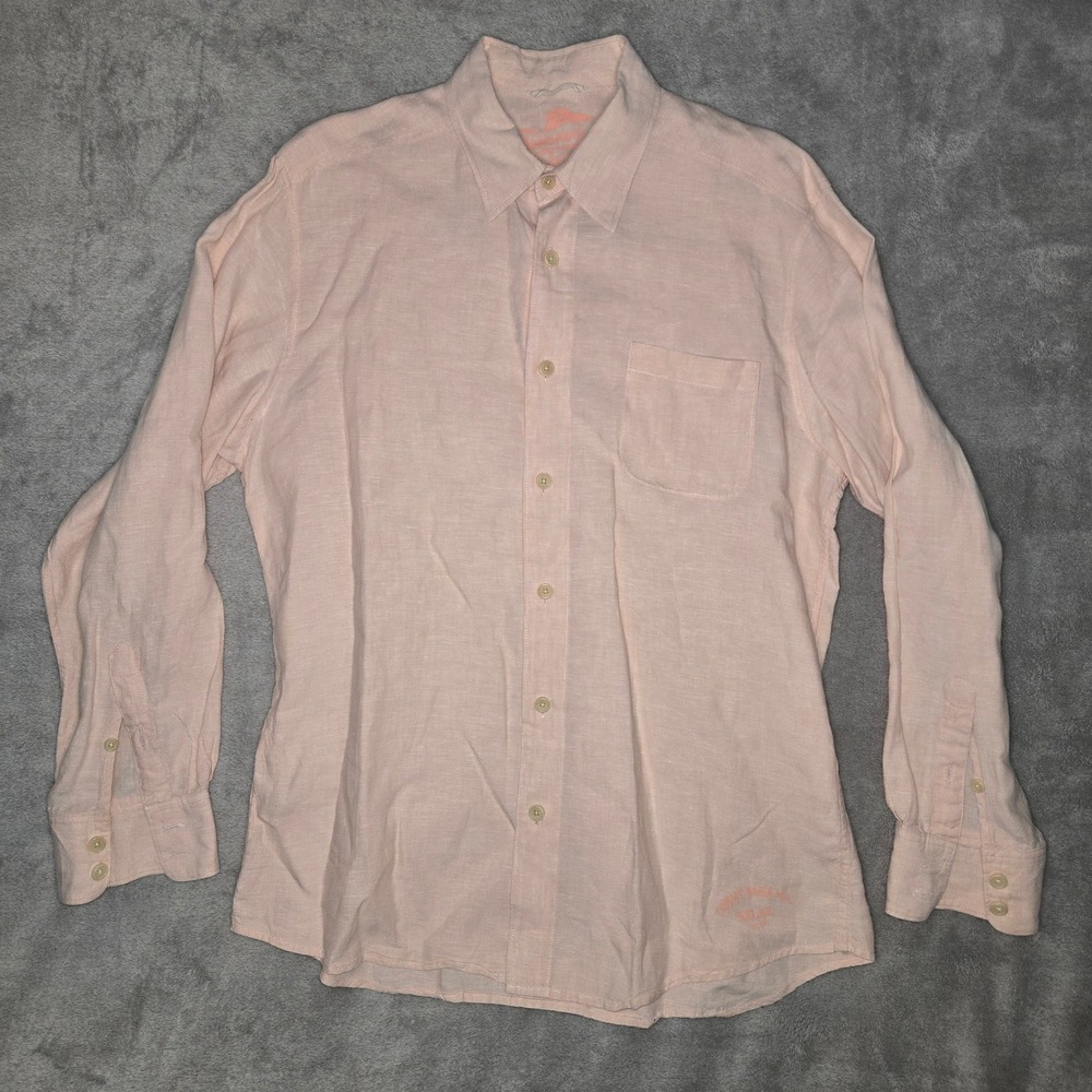 Tommy Bahama Relax Mens L Peach 100% Linen Long Sleeve Button Up Shirt Pocket - Picture 2 of 9